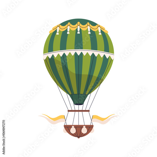 Hot air balloon, baloon. Hotair aerostat with basket, banners and bags, flying, soaring and floating. Aerial travel, flight, journey. Flat graphic vector illustration isolated on white background