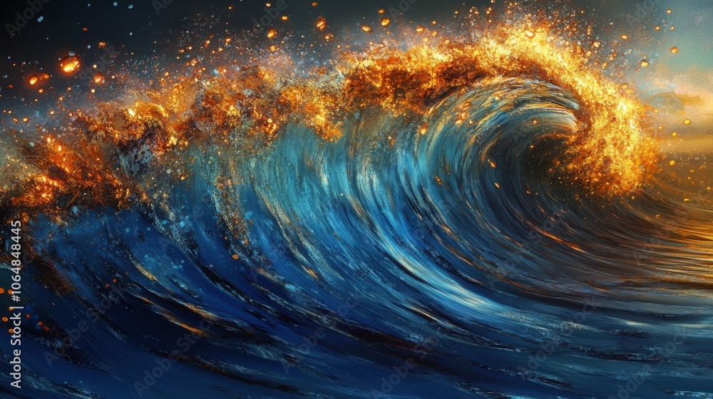 a vibrant underwater scene showcasing a wave filled with golden light and energetic motion lines, influenced by pointillism, combining deep blues with warm orange accents for impact. a vibrant underwater scene showcasing a wave filled with golden light and energetic motion lines, influenced by pointillism, combining deep blues with warm orange accents for impact.