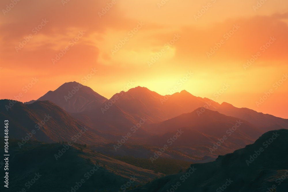 Dynamic sunset over a serene mountain range, casting warm hues across the sky and illuminating the landscape with a peaceful, breathtaking ambiance Dynamic sunset over a serene mountain range, casting warm hues across the sky and illuminating the landscape with a peaceful, breathtaking ambiance