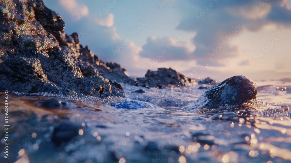 A rocky shoreline with a body of water in front of it A rocky shoreline with a body of water in front of it
