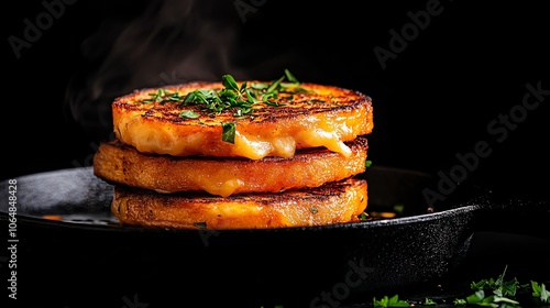 Argentine provoleta grilled cheese with herbs, served on a sizzling cast iron pan, traditional asado concept photo