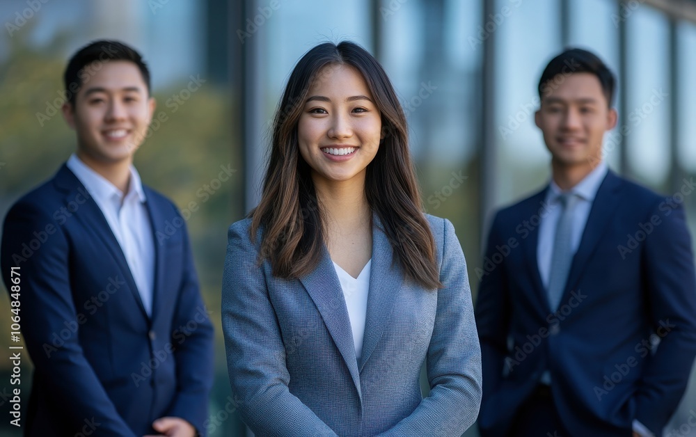 A group of three young business professionals, standing together in front of a sleek glass office building, exuding warmth and camaraderie. A group of three young business professionals, standing together in front of a sleek glass office building, exuding warmth and camaraderie.