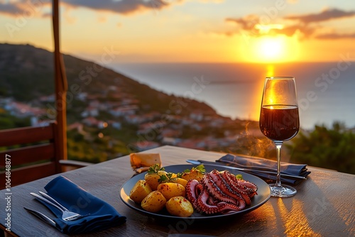 Basquestyle grilled octopus served with roasted potatoes, seaside restaurant with rugged coastline view photo