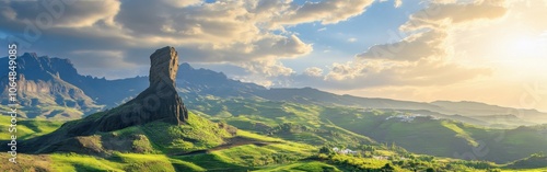 Majestic rock formation rising above lush green hills at sunrise in a tranquil landscape