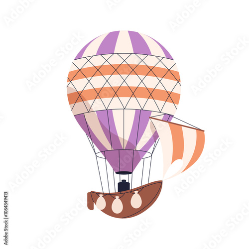 Hot air balloon with ship-shaped basket in flight. Hotair airship flying. Aerial transport, aerostat with sail, vessel, soaring. Flat graphic vector illustration isolated on white background