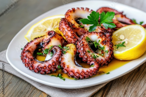 Grilled octopus tentacle with crispy edges, drizzled with olive oil, served with fresh herbs and lemon wedges.