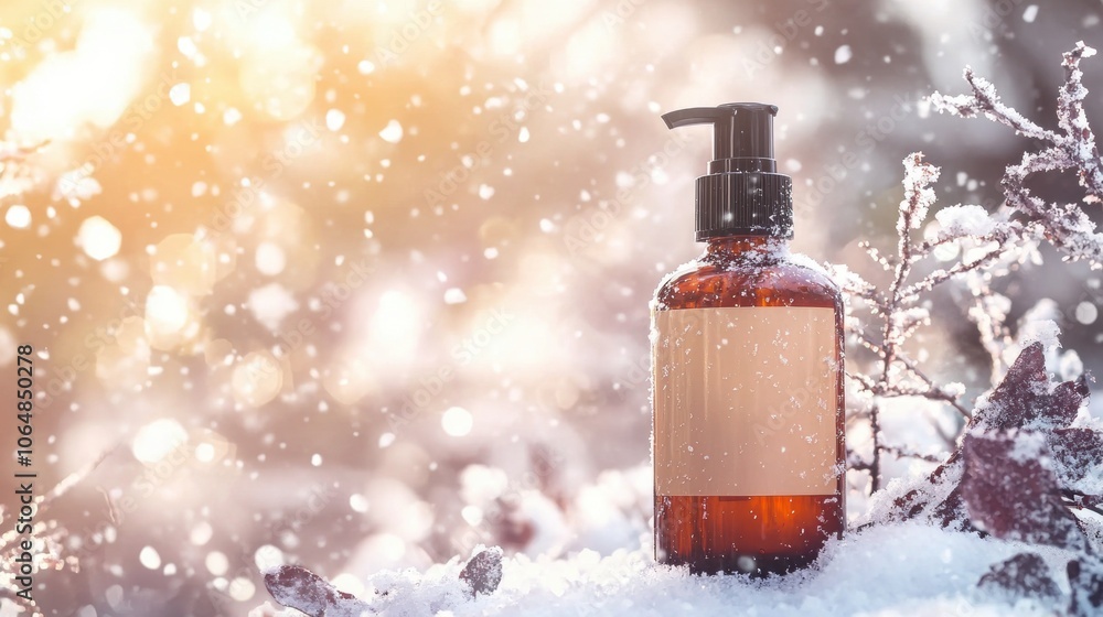 A bottle of lotion is sitting on a snowy ground A bottle of lotion is sitting on a snowy ground