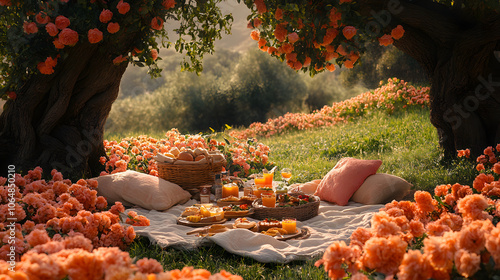 A Spring Picnic in a Flower-Filled Garden with a Blanket, Snacks, and a Vibrant Atmosphere
