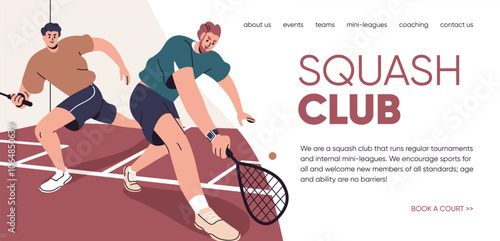 Squash sport club, school, web page design. Active athlete players with rackets on court, webpage layout template, online site background. Internet advertising. Flat vector illustration for website