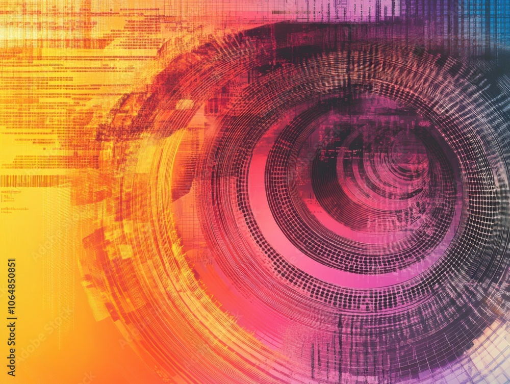 Spiral structure blended with distorted text and programming elements on a vibrant gradient background, emphasizing the fluidity of information in the digital realm Spiral structure blended with distorted text and programming elements on a vibrant gradient background, emphasizing the fluidity of information in the digital realm