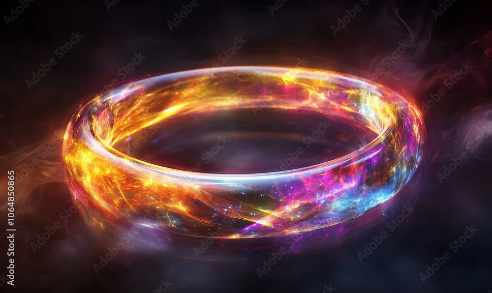 A shimmering, transparent ring of energy with bright, colorful wisps swirling around it, set against a dark background. A shimmering, transparent ring of energy with bright, colorful wisps swirling around it, set against a dark background.