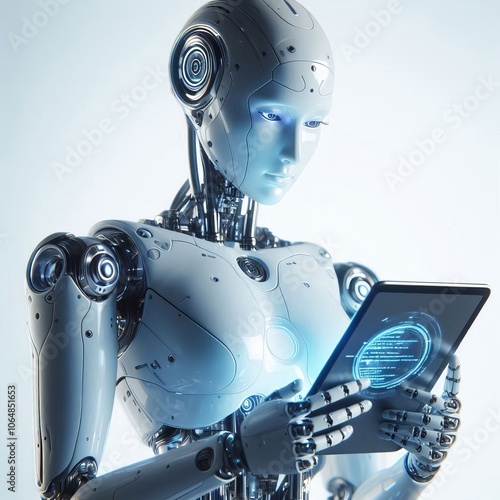 female robot cyborg AI with technology and electronic equipment, 3D rendering of a powerful robotic object in white, featuring electric s, tablet and computer components in a futuristic setting photo