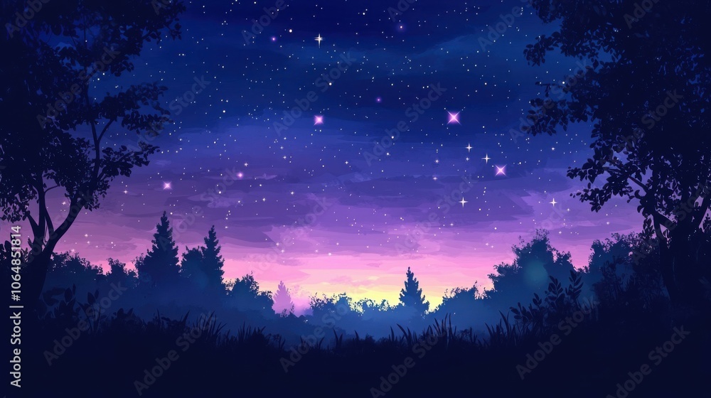 Naklejka premium Imagine a clean vector representation of a twilight sky, where dark blue transitions to deep purple with scattered stars, creating a serene nighttime atmosphere.