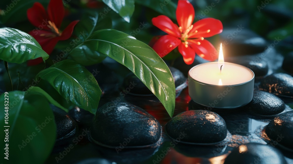 An inviting scene featuring smooth black spa stones, delicate green leaves, a glowing white candle, and vibrant red flowers, creating a serene wellness atmosphere. An inviting scene featuring smooth black spa stones, delicate green leaves, a glowing white candle, and vibrant red flowers, creating a serene wellness atmosphere.