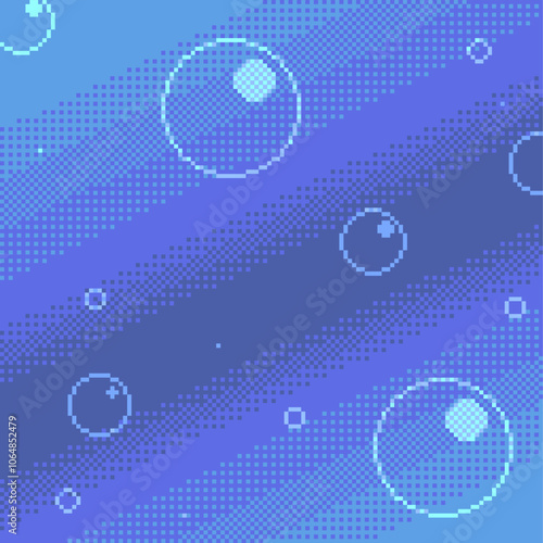 Bubbles with Blue Gradient Background, Pixel Art Style