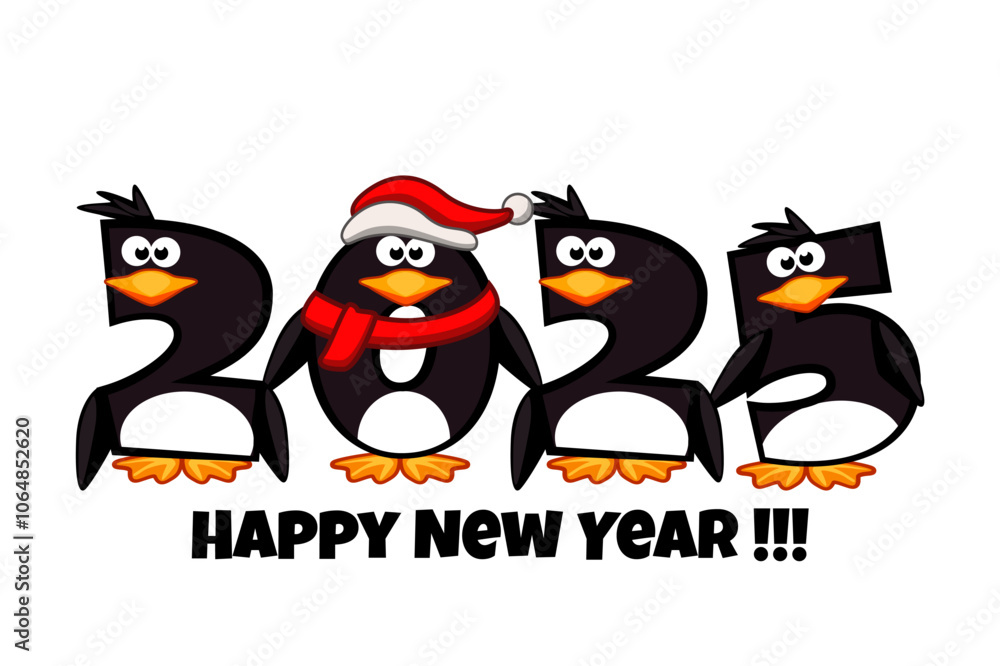Happy New Year 2025, numbers like penguins. Calendar Date. Cartoon illustration Happy New Year 2025, numbers like penguins. Calendar Date. Cartoon illustration