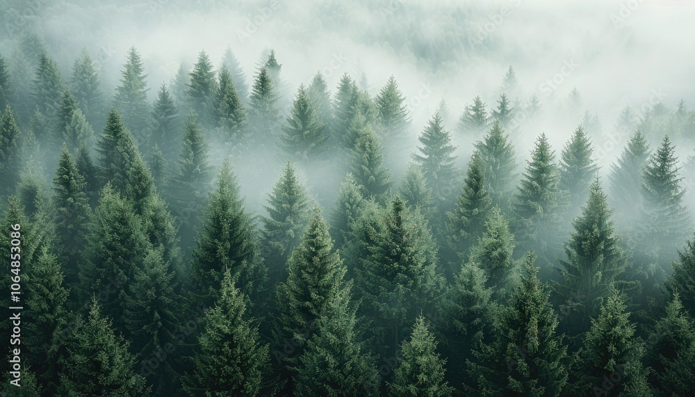 Fototapeta premium Misty Evergreen Forest from an Aerial View