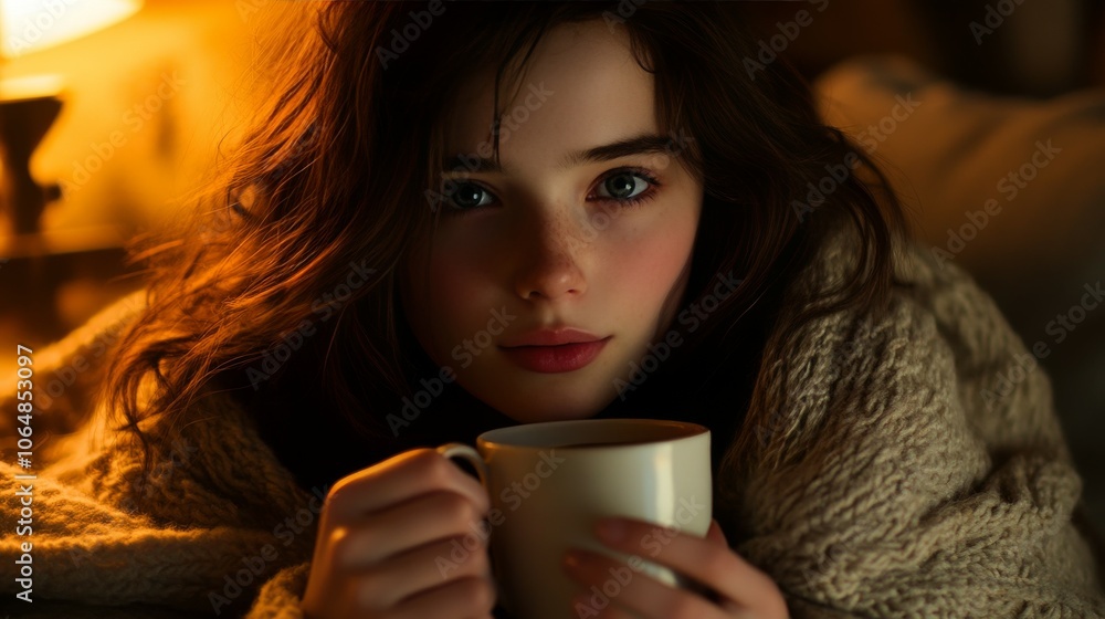 custom made wallpaper toronto digitalA close-up portrait of a young woman curled up on a sofa with a blanket, holding a mug of tea