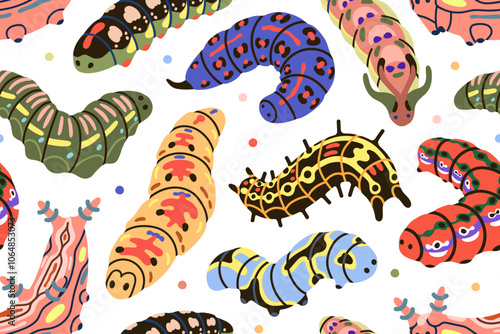 Seamless caterpillar pattern. Cute larval insects, repeating print, texture. Butterfly larva, endless background for wrapping, textile, fabric design. Printable repeatable flat vector illustration