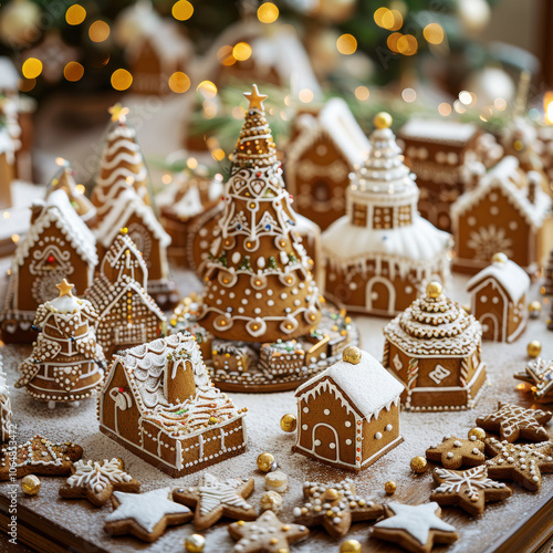 gingerbread tree and gingerbread houses, close-up 