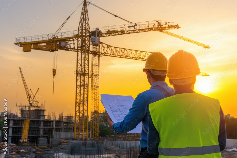 Yellow machinery on site with laborers reviewing blueprints while the sun sets, creating a warm glow over the construction area filled with activity Yellow machinery on site with laborers reviewing blueprints while the sun sets, creating a warm glow over the construction area filled with activity