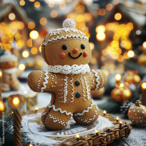 Baby gingerbread on the Christmas background, close up	