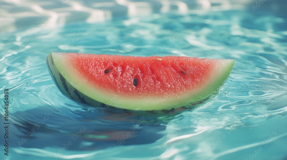 A slice of watermelon floating in clear blue water, evoking a refreshing summer vibe. A slice of watermelon floating in clear blue water, evoking a refreshing summer vibe.