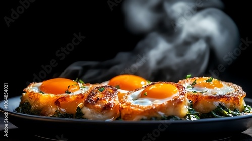 Ecuadorian bolon de verde plantain dumplings with cheese, served with a side of fried eggs in a vibrant local diner photo