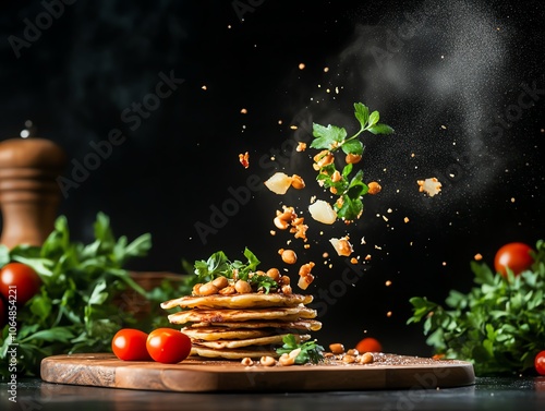 Ecuadorian llapingachos potato pancakes with peanut sauce, vibrant local market backdrop