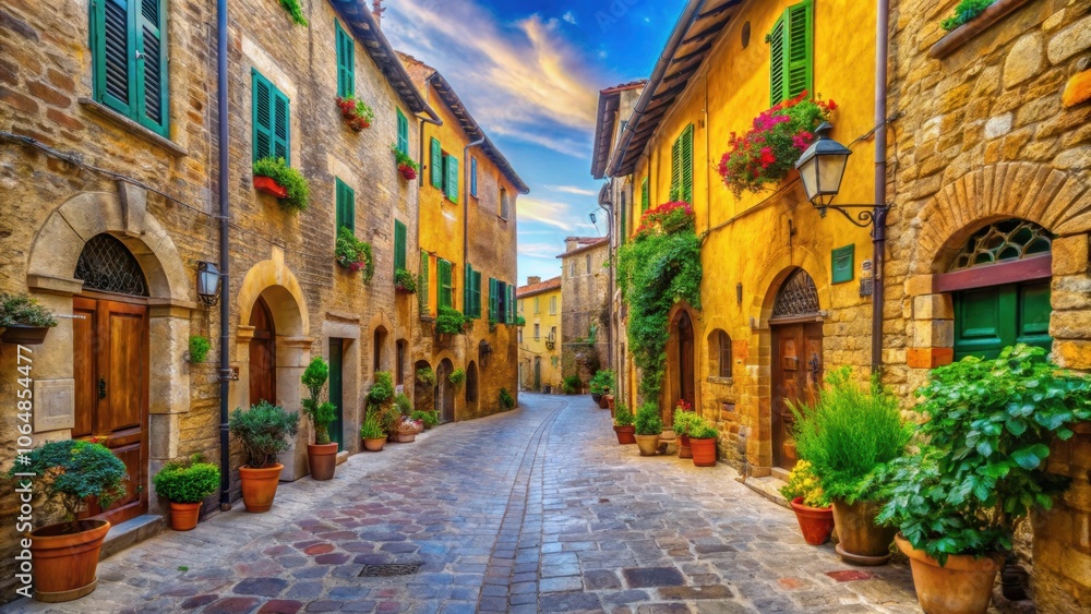 Fototapeta premium Vibrant street in Pienza featuring colorful buildings and cobblestone roads, Tuscany, Italy, colorful, street