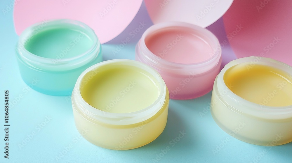 Four jars of different colored lotions are lined up on a blue background