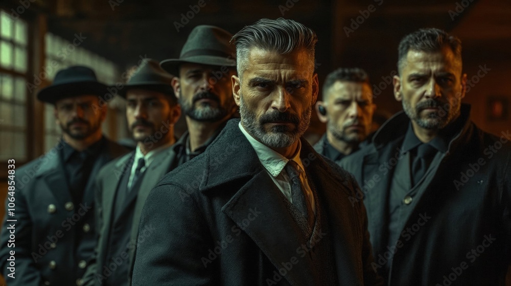 A group of serious, stylish men in dark suits and coats stands together in a dimly lit room, exuding power and authority. The atmosphere is intense and mysterious A group of serious, stylish men in dark suits and coats stands together in a dimly lit room, exuding power and authority. The atmosphere is intense and mysterious
