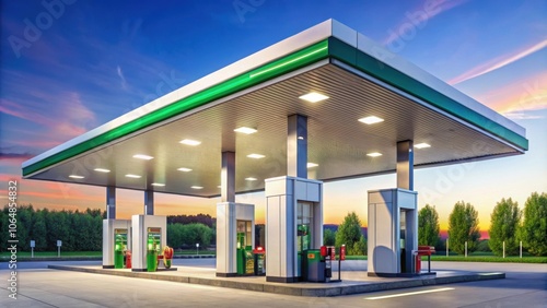 Petrol station with full gas pumps, ideal for refuelling empty vehicle tanks en route, petrol station, gas pumps