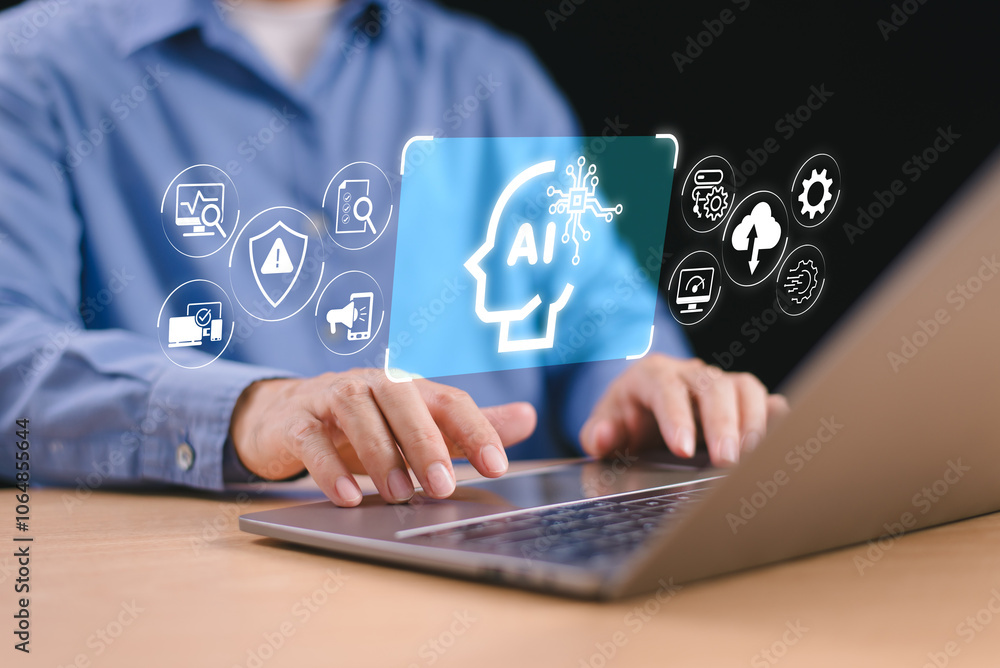 Naklejka premium Ai artificial intelligence on information concept. Man analyst big data technology on computer for business sale marketing analysis. Data management system, KPI database technology finance operation