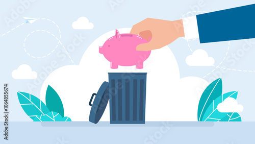 A businessman throws a piggy bank into the trash. Concept of inflation, devaluation of money, loss of savings. Trash can with a piggy bank. Money, piggy bank, trash can, cleaner. Vector illustration