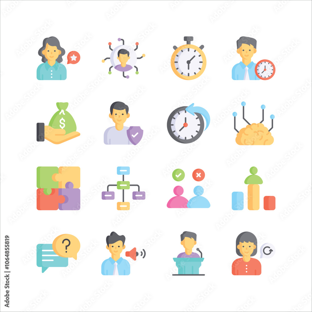 A set of modern icons representing various aspects of business management, including teamwork A set of modern icons representing various aspects of business management, including teamwork