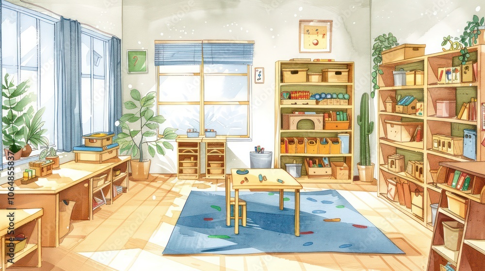 Montessori classrooms encouraging creativity and self-directed learning. Illustrations Montessori classrooms encouraging creativity and self-directed learning. Illustrations