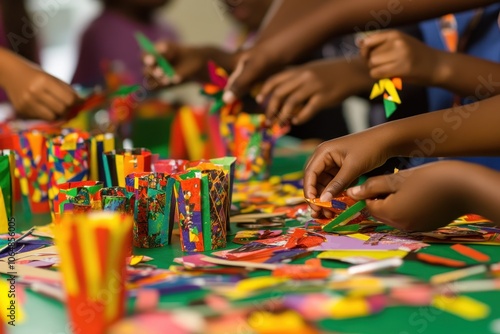 Kwanzaa Craft-Making: A hands-on view of children making Kwanzaa crafts, such as paper kinaras or unity cups. The table is cluttered with colorful papers, scissors, and glue, with finished crafts on d