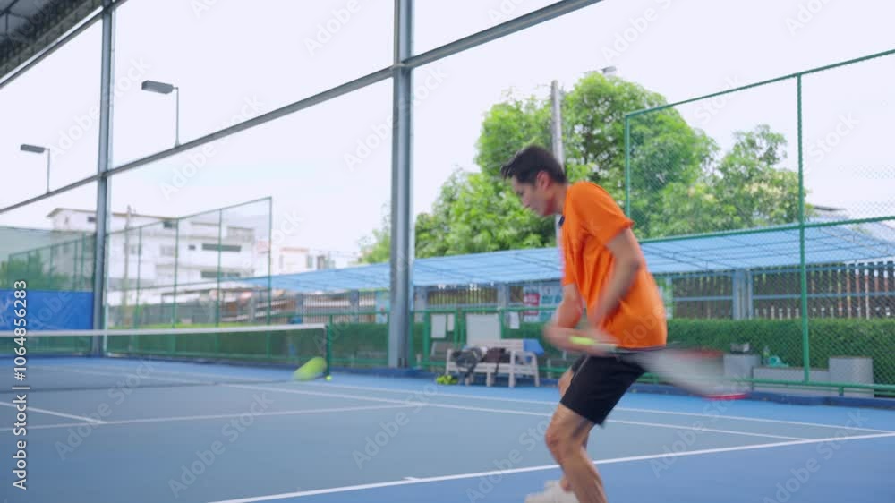 Asian young sportsman playing tennis on the court during sport match. Asian young sportsman playing tennis on the court during sport match.