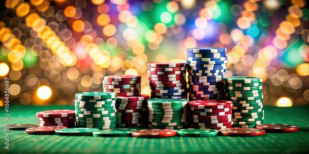 Obraz premium Casino gambling chips on green table with bokeh background , casino, gambling, chips, green table, bokeh, playing, risk, chance