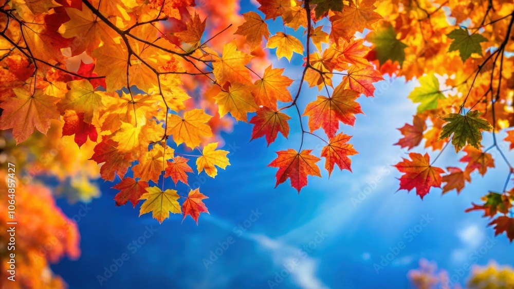 Colorful autumn tree leaves against a blue sky background with shallow depth of field, fall, foliage, seasonal, nature, vibrant Colorful autumn tree leaves against a blue sky background with shallow depth of field, fall, foliage, seasonal, nature, vibrant