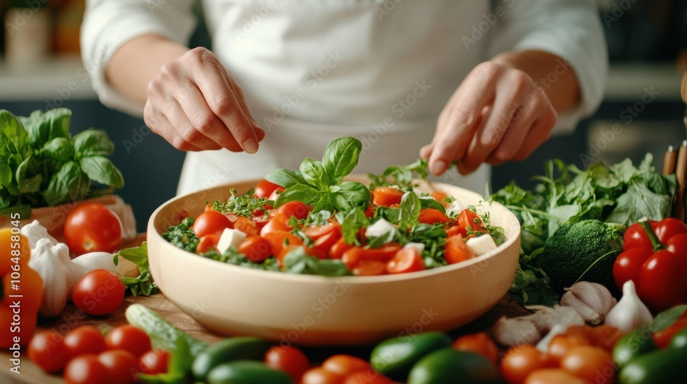 Chef garnishing a vibrant salad with fresh basil leaves in a cozy kitchen setting, AI Chef garnishing a vibrant salad with fresh basil leaves in a cozy kitchen setting, AI