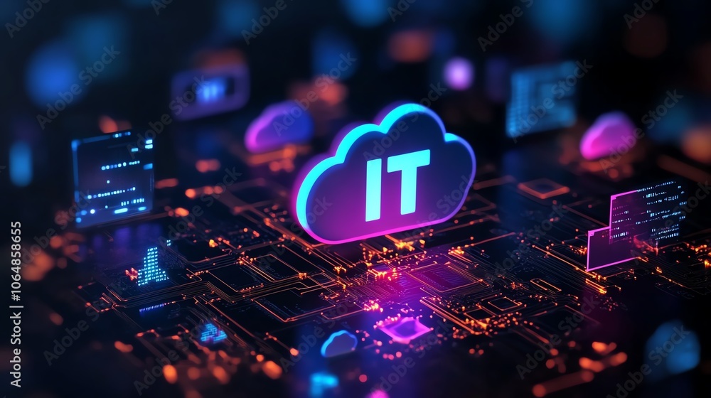 Obraz premium Cloud computing concept with IT symbols floating on a digital interface.