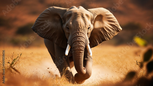 Giant elephant strides confidently through the savannah grass photo