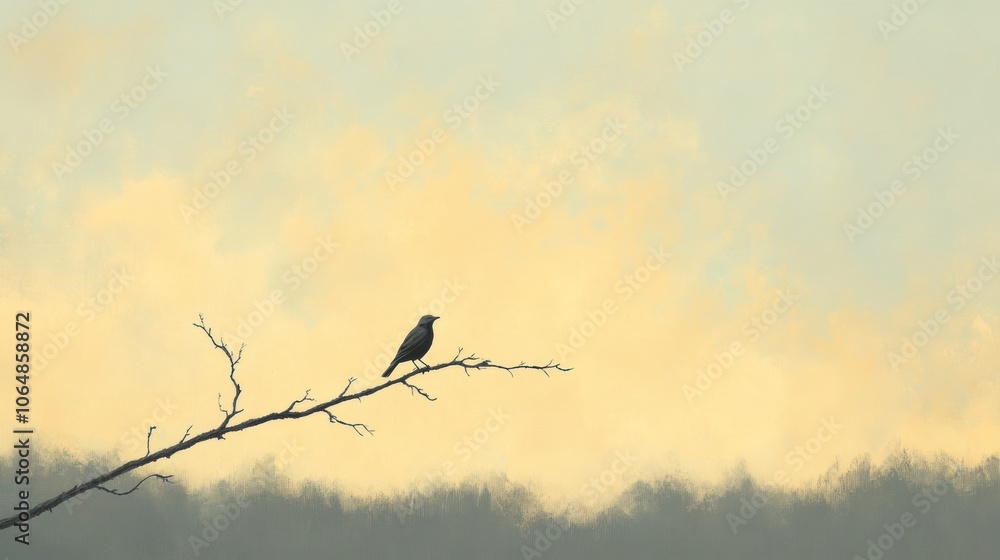 A solitary bird perched on a branch against a soft, atmospheric background. A solitary bird perched on a branch against a soft, atmospheric background.