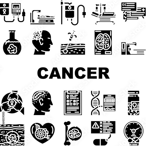 cancer treatment chemotherapy icons set vector. immunotherapy radiotherapy, surgery targeted, hormone precision, oncologist, biopsy cancer treatment chemotherapy glyph pictogram Illustrations