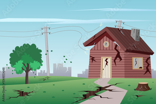 House damaged by earthquake. Natural disaster. Vector illustration.