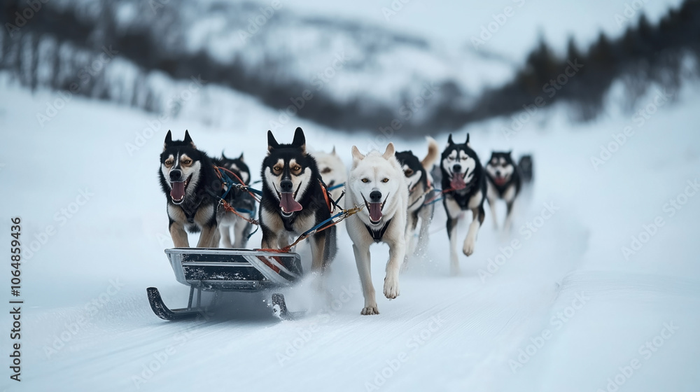Sled dogs pulling a sled through a snowy landscape, demonstrating teamwork and energy in a winter outdoor adventure setting. Sled dogs pulling a sled through a snowy landscape, demonstrating teamwork and energy in a winter outdoor adventure setting.