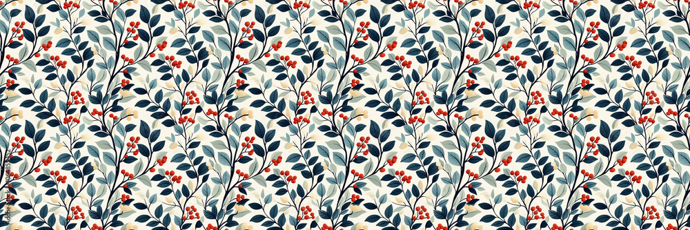 Seamless floral pattern with red berries and green leaves on light background Seamless floral pattern with red berries and green leaves on light background