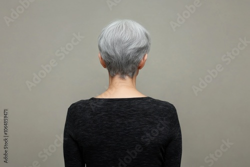 Woman with short gray hair, back view. The photo shows a woman with her back turned, ideal for showcasing clothing or hair styles, especially for mature women.